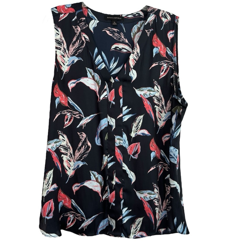 Banana Republic Silky Sleeveless V-Neck Leaf Print Midnight Blue Top Size XL